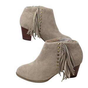 Vionic Upright Faros Ankle Boots Booties Suede Fringe Size 8.5 Studded 322 Tan